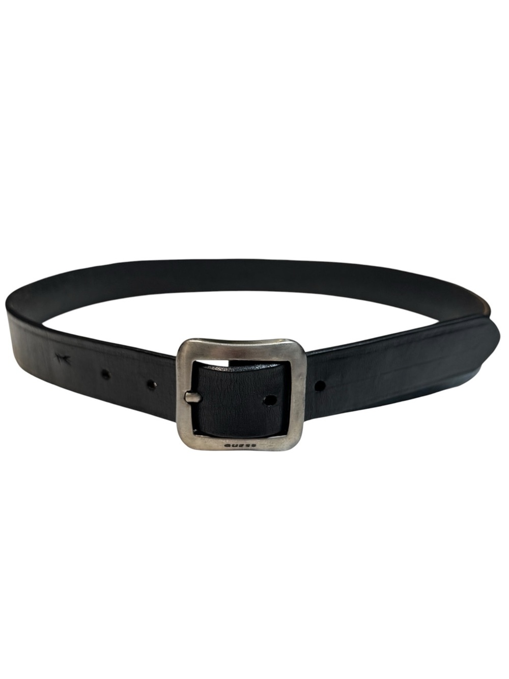 Vintage Guess Top Grain Black Leather Antique Square Buckle Belt 32